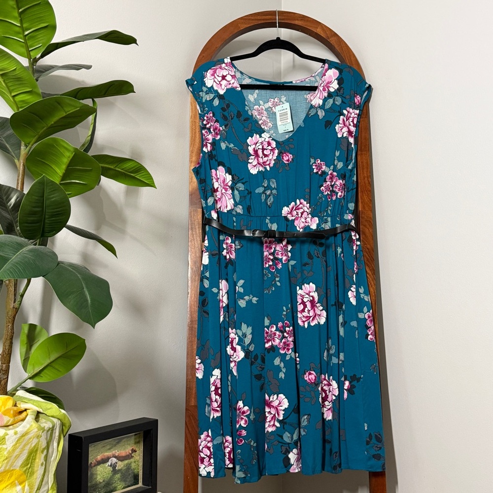 Torrid 2X Teal Floral Fit and Flare Belted Skater Dress NEW - Picture 1 of 10